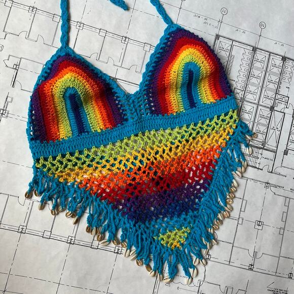rare deadstock 90s shell beaded crochet halter top in rainbow - Picture 8 of 8